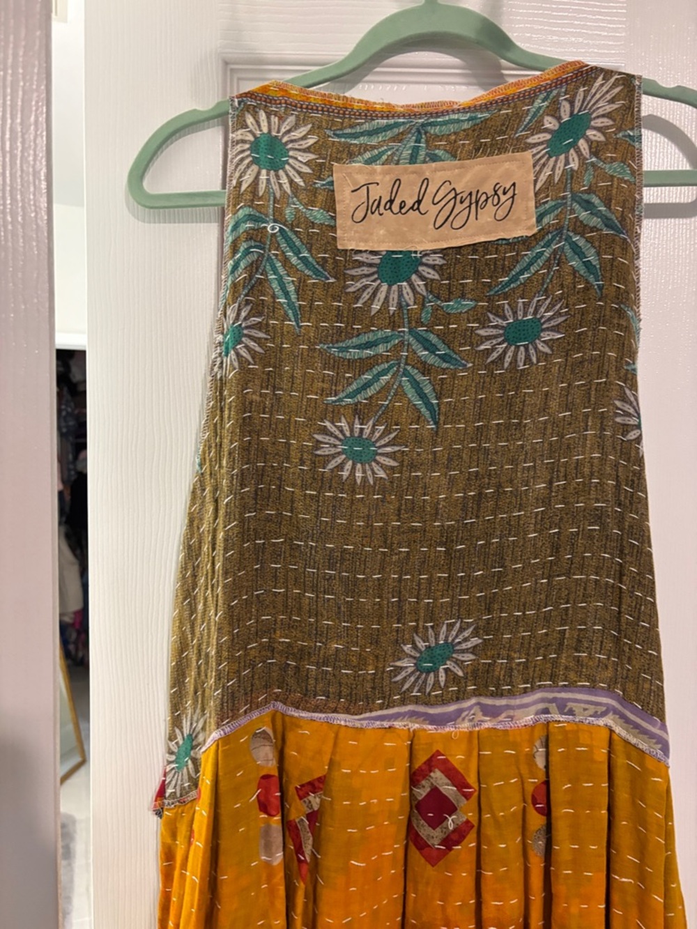 Patchwork Bohemian Sleeveless Dress in Mustard & Pink - Picture 5 of 7